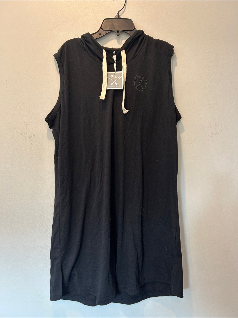 Sleeveless Hooded Beach Cover Up with Contrast Drawstrings - Black